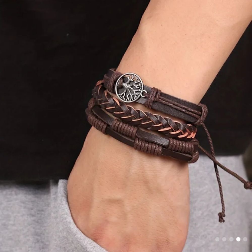 Men's leather bracelets set layered braided brown tree‎ of life new e2